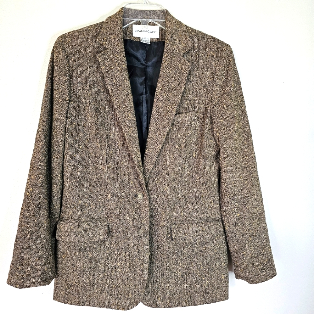 Vintage 90's Wool Tweed Roll Sleeve Blazer Size 10 Office Work Professional